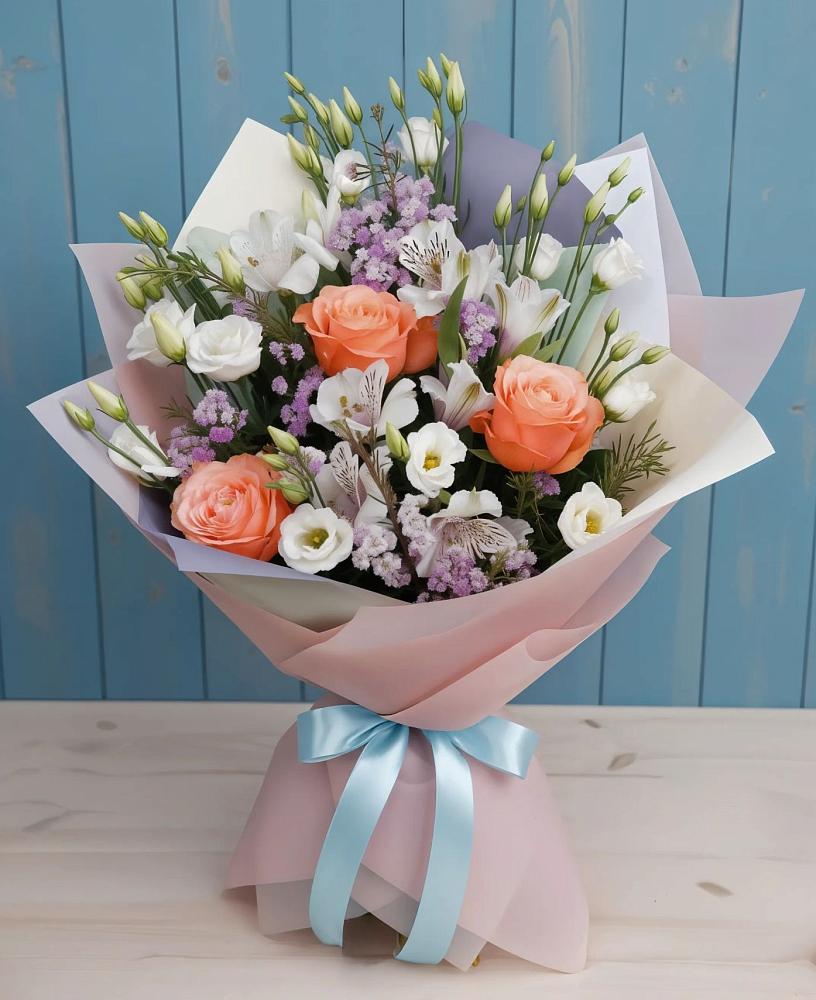 Букет цветов из: Лизиантусы, Розы, Альстромерии и Гипсофила в Туголесский Бор