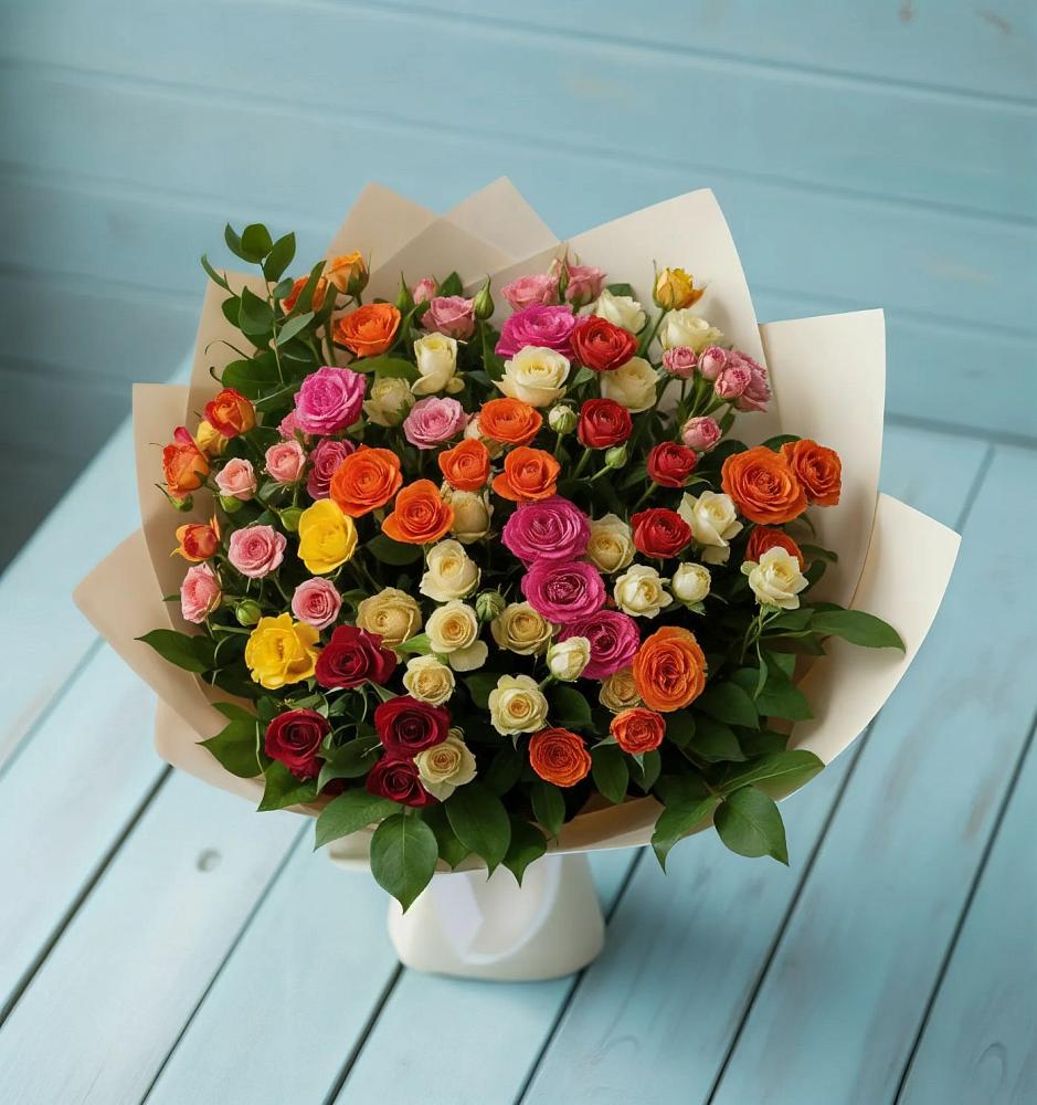 Букет Микс из разноцветных кустовых роз в Туголесский Бор