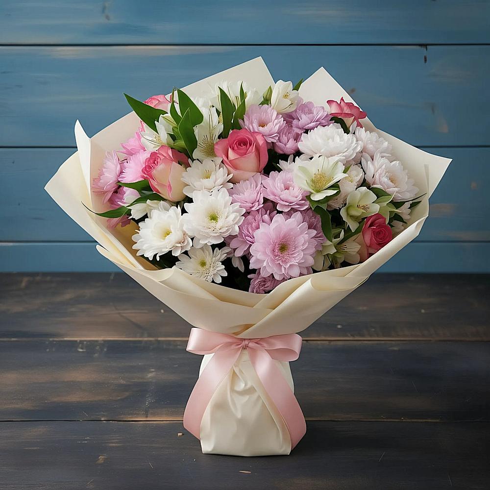 Букет цветов из: Хризантемы, Альстромерии и Розы в Туголесский Бор